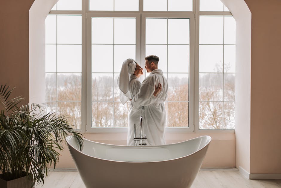 Couple in spa robes mountain view