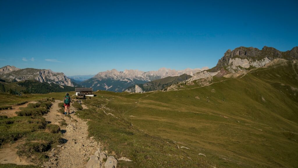 Kids hiking Dolomites mountain view
