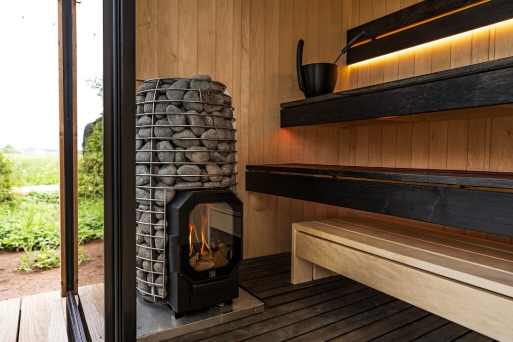 Alpine small spa fireplace interior cozy