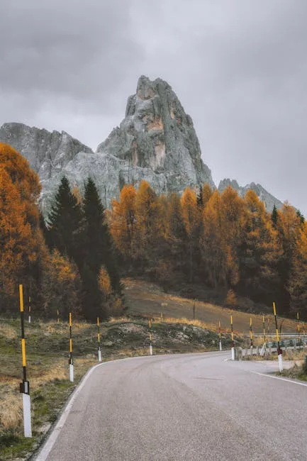 Route sinueuse bordée de mélèzes orangés sous un pic des Dolomites