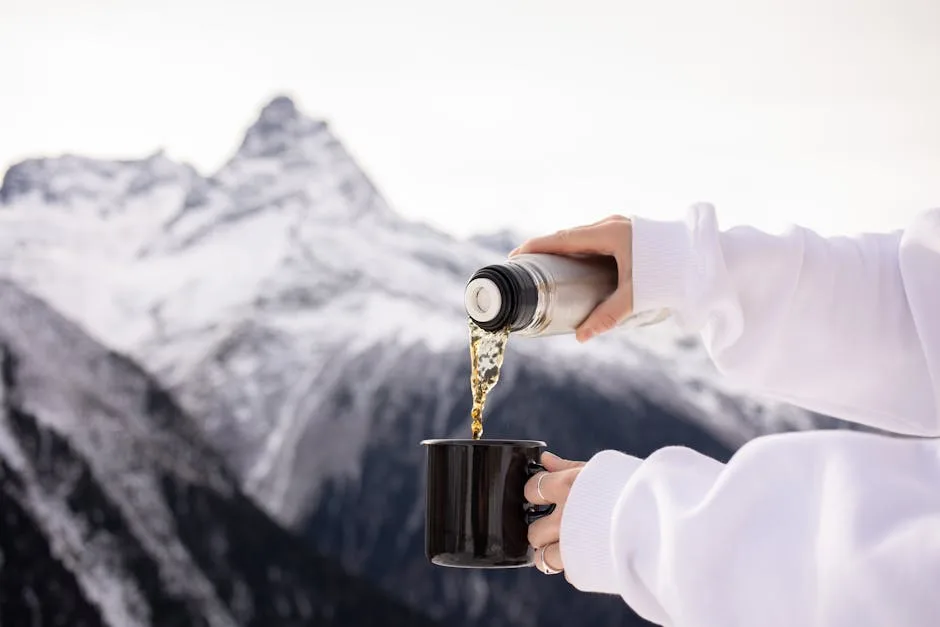 Mains versant boisson chaude depuis thermos, montagnes des Dolomites