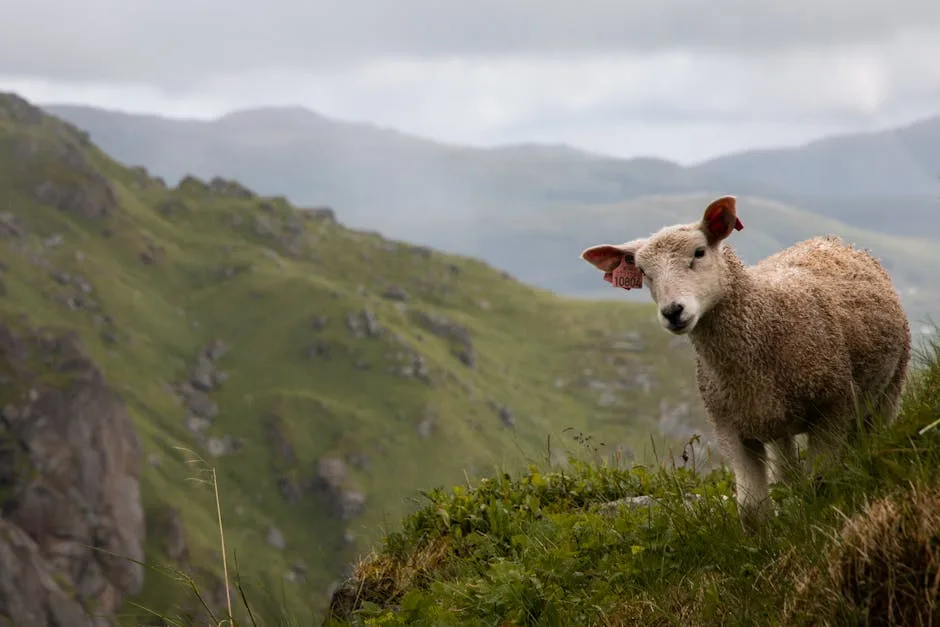 Mouton au pâturage sur un alpage des Dolomites, paysage montagneux en arrière