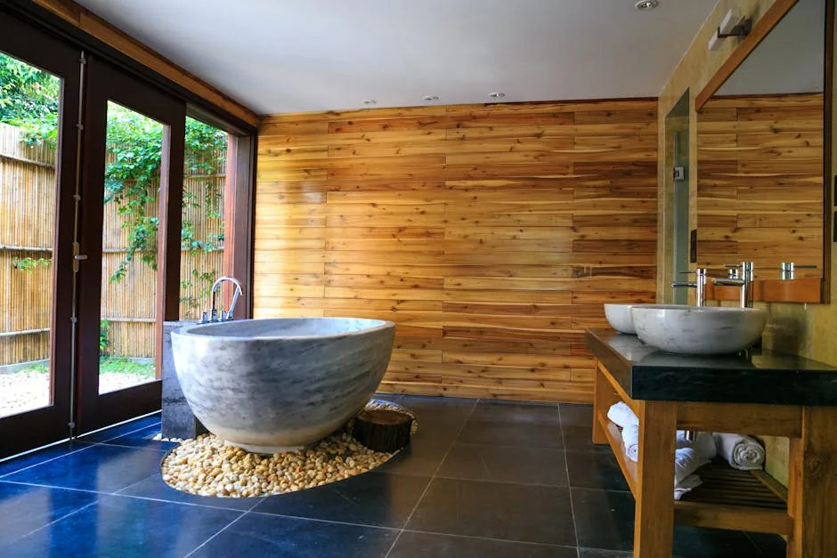 Salle de bain spa avec baignoire en pierre et murs en bois