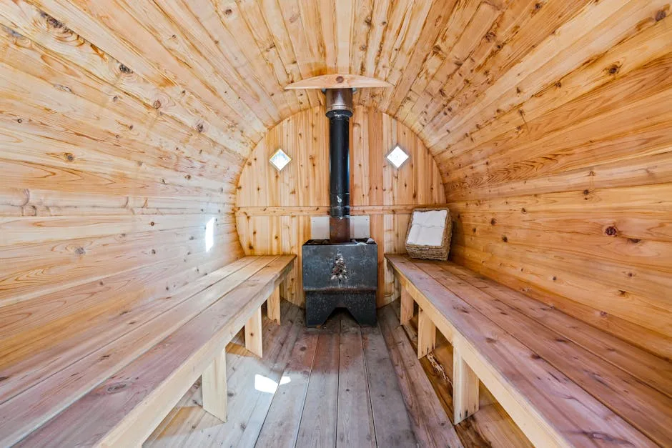 Intérieur en bois d'un sauna-baril avec poêle, ambiance spa Dolomites