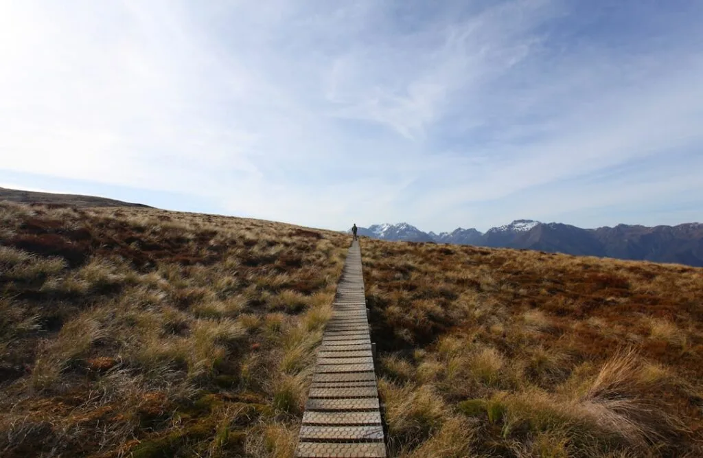 Passerelle en bois traversant alpage avec silhouette vers les Dolomites