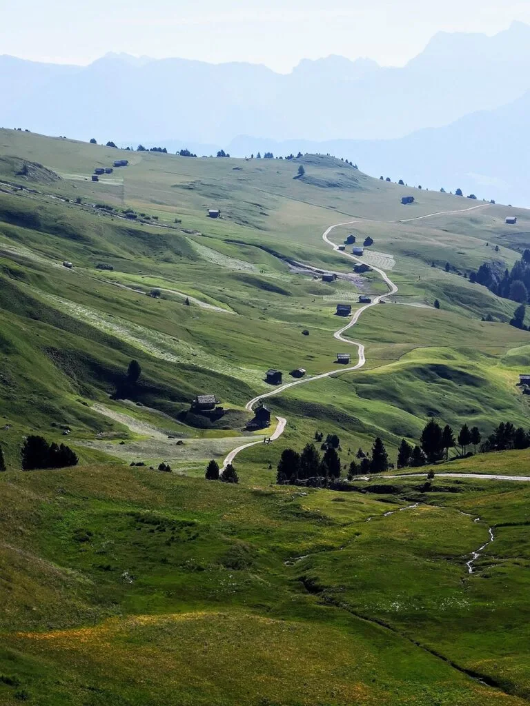 Routes sinueuses et chalets dispersés sur l'Alpe di Siusi, Dolomites