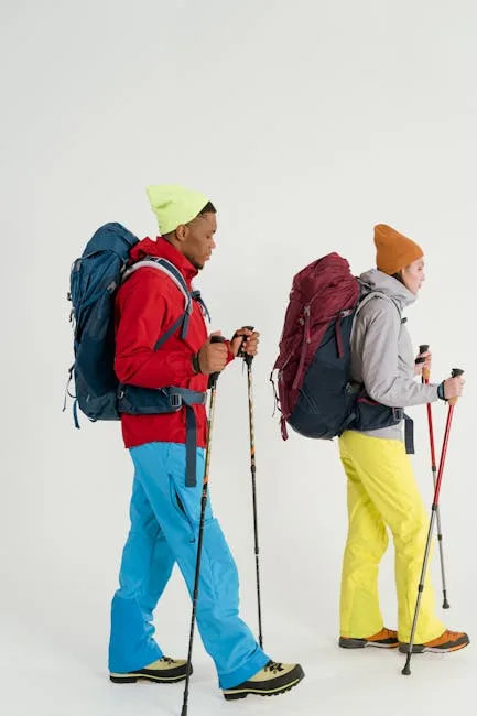 Deux randonneurs équipés de grands sacs à dos et bâtons, prêts pour les Dolomites