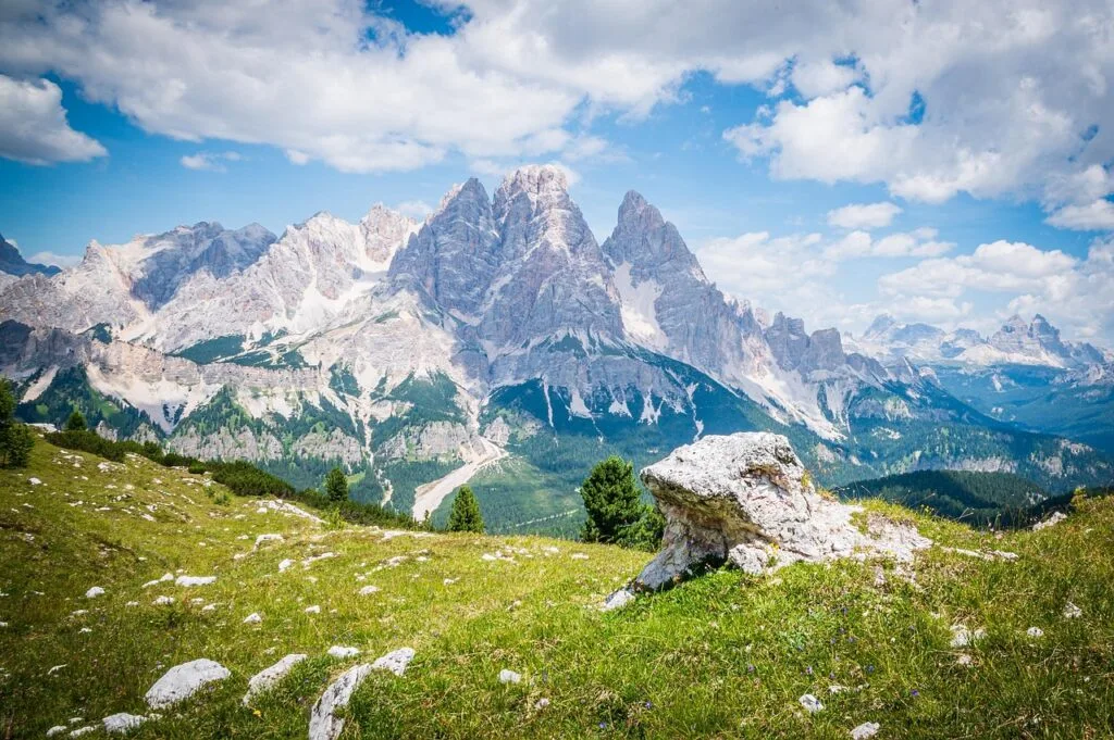 Alpage fleuri avec rocher au premier plan et Dolomites majestueuses