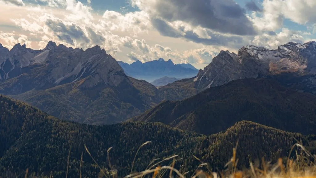 Chaîne de crêtes et forêts profondes des Dolomites à l'horizon