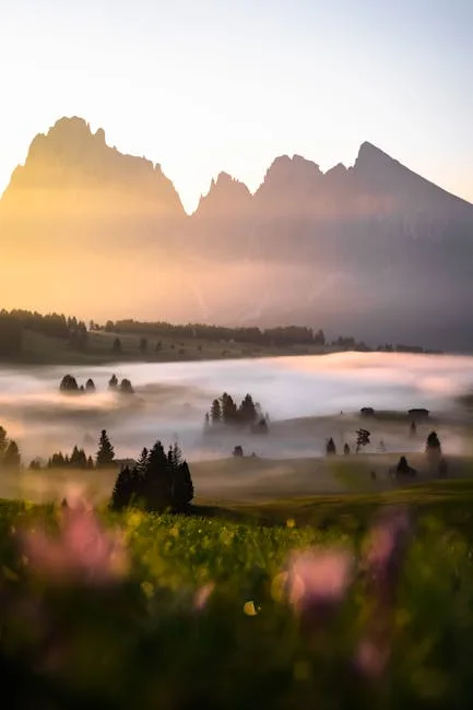 Brume matinale sur un alpage fleuri, silhouettes des Dolomites.