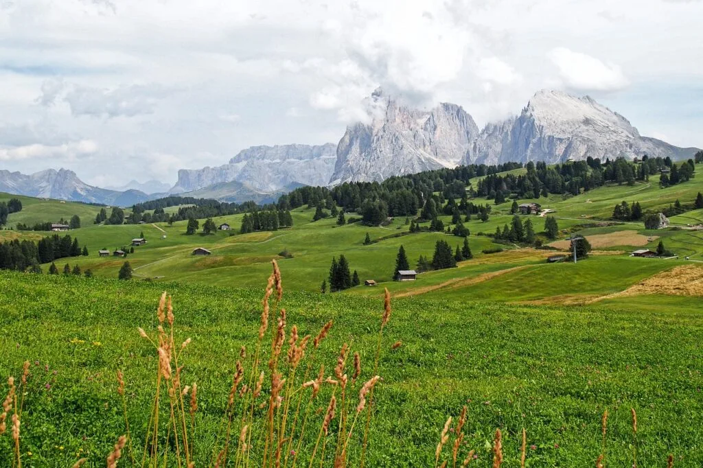 Prairie verdoyante des Dolomites avec chalets dispersés devant les sommets